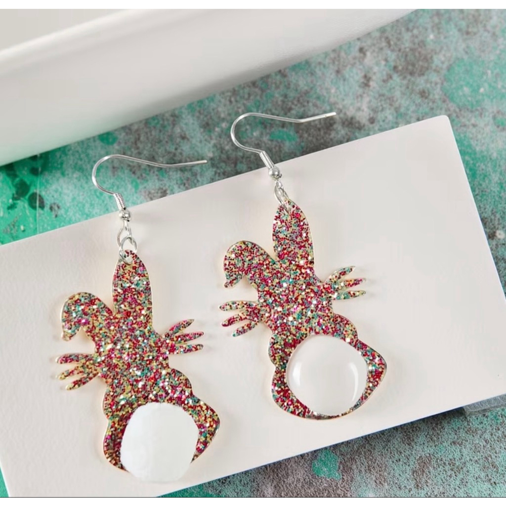 Glitter Bunny Dangle Earrings with White Pom-Pom Tail